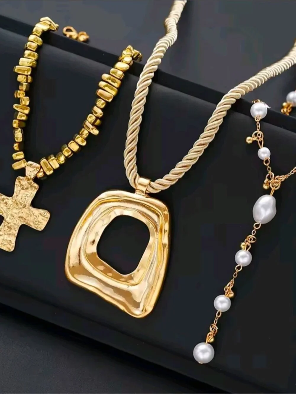 Gold-Tone Layered Necklace with White Pearls